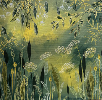 Pattern of leaves and flowers on a green background