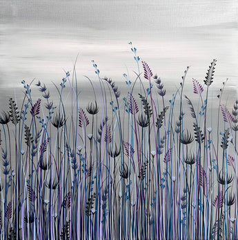 Artistic depiction of tall grasses and flowers on a textured gray background