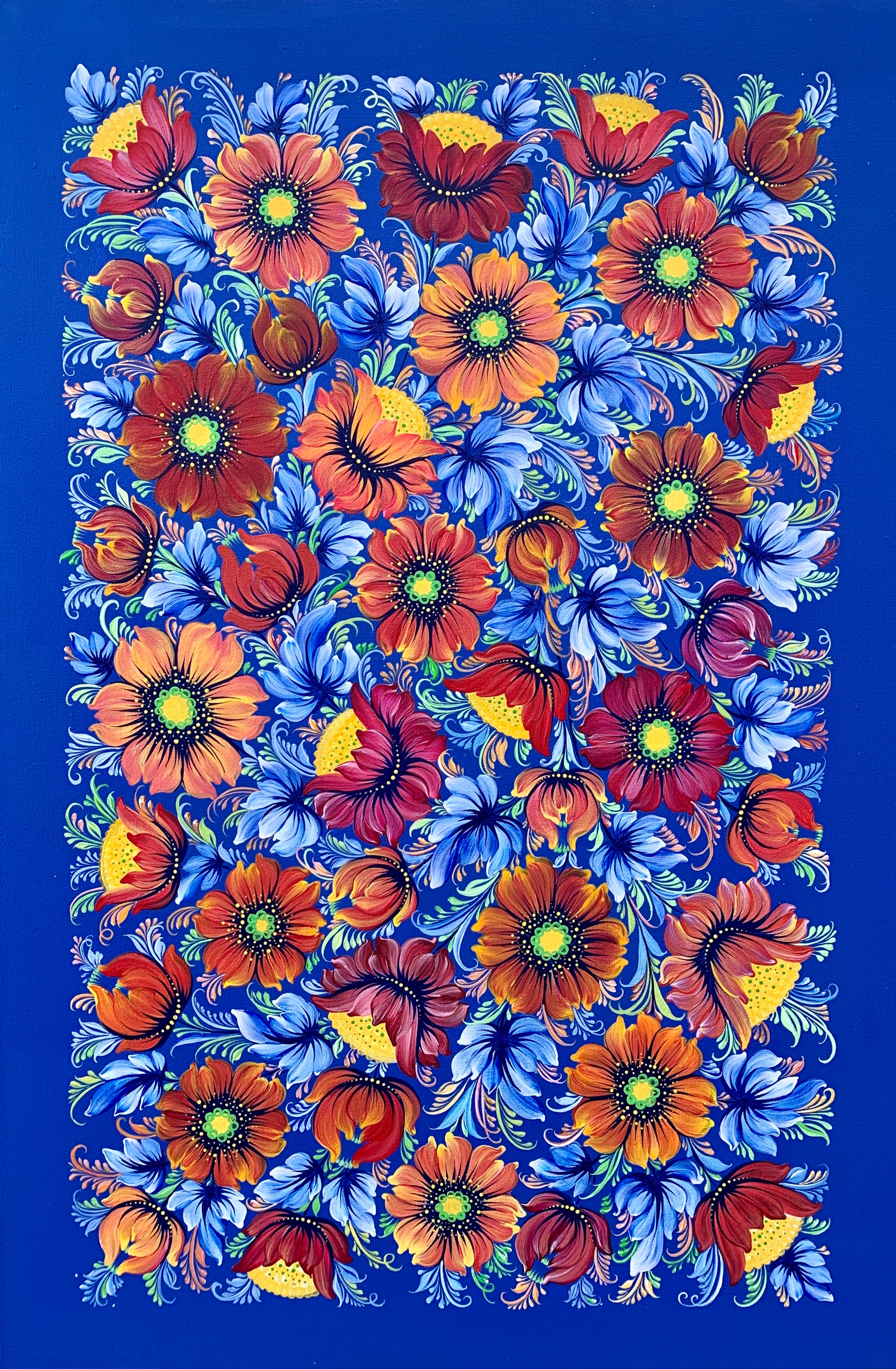 BLUE GARDEN BLOSSOMS - 24 in x 36 in (61 cm x 92 cm)