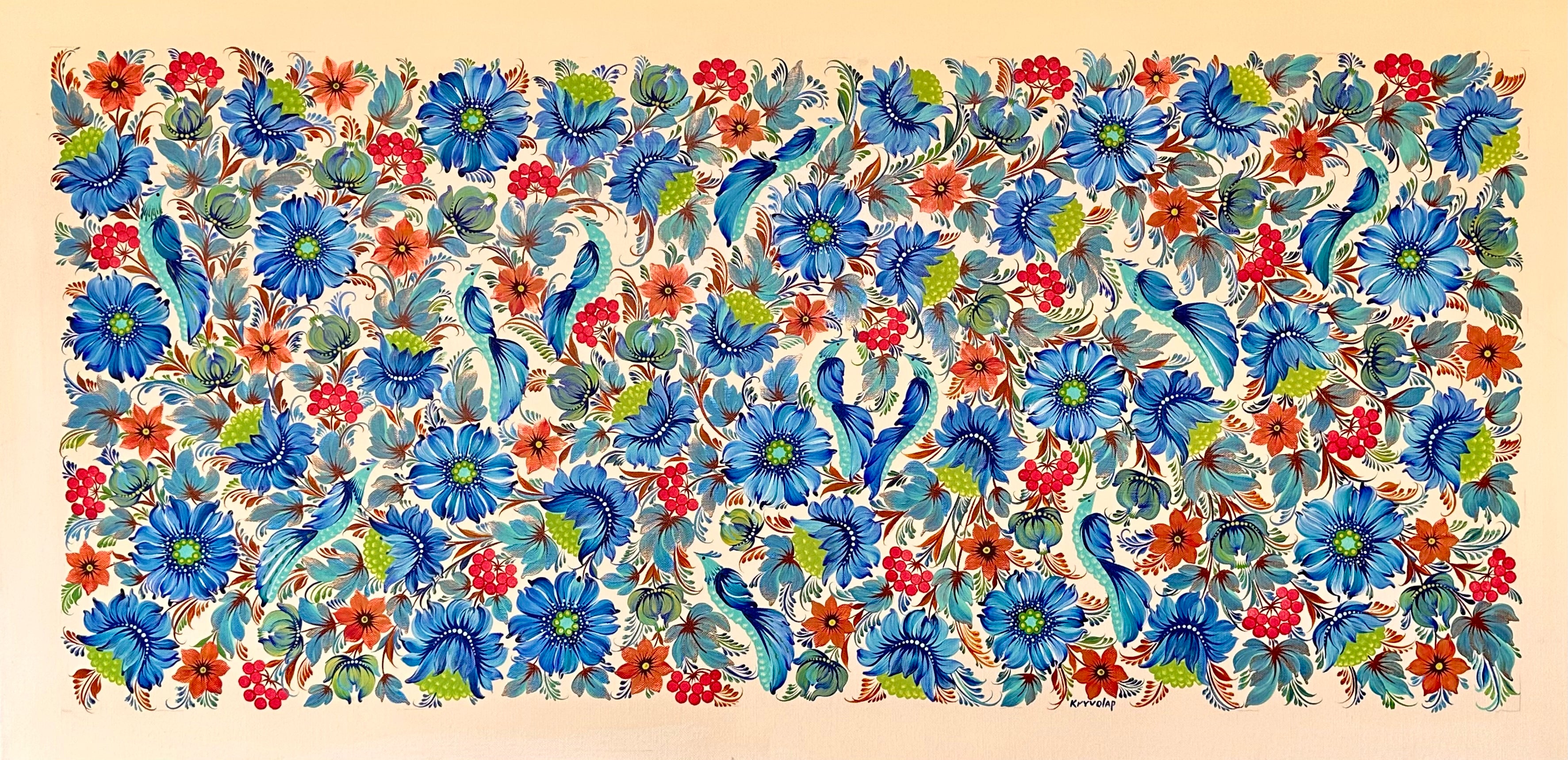 BERRY BLUES AND BLOSSOMS - 48 in x 24 in (122 x 61 cm)
