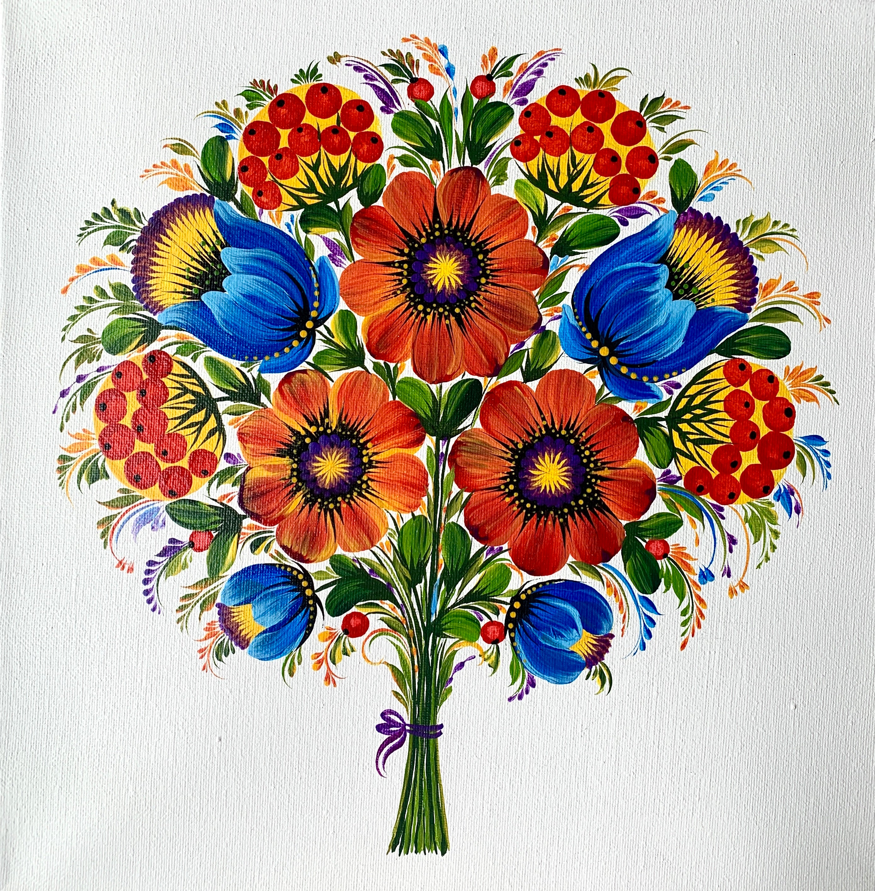 PETRYKIVKA BOUQUET - 12 in x 12 in (30.4 cm x 30.4 cm)