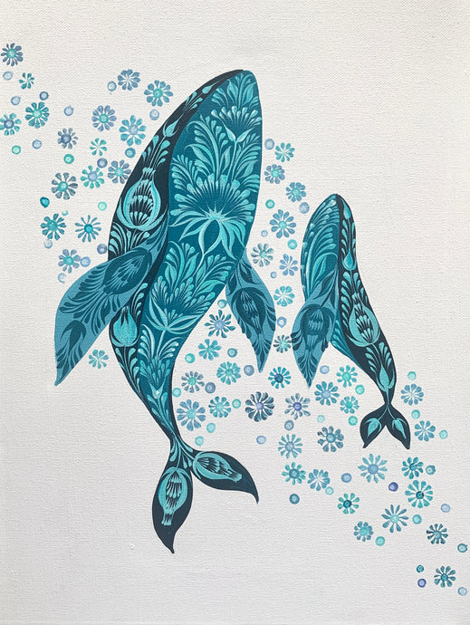 WHALE WITH BABY - 12 in x 16 in (30.5 cm x 40.6 cm)
